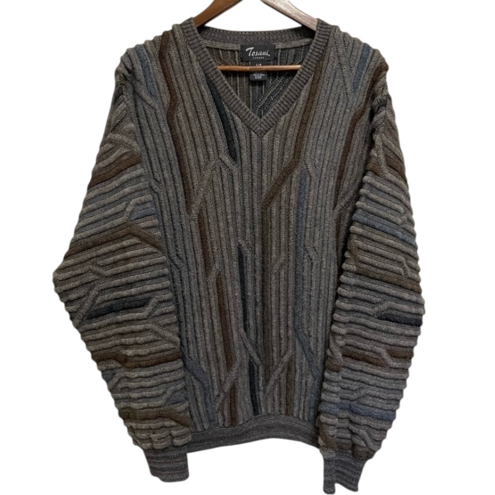 Tosani Vintage 3D Knit Coogie Style V-Neck Geometric Sweater Men’s Large